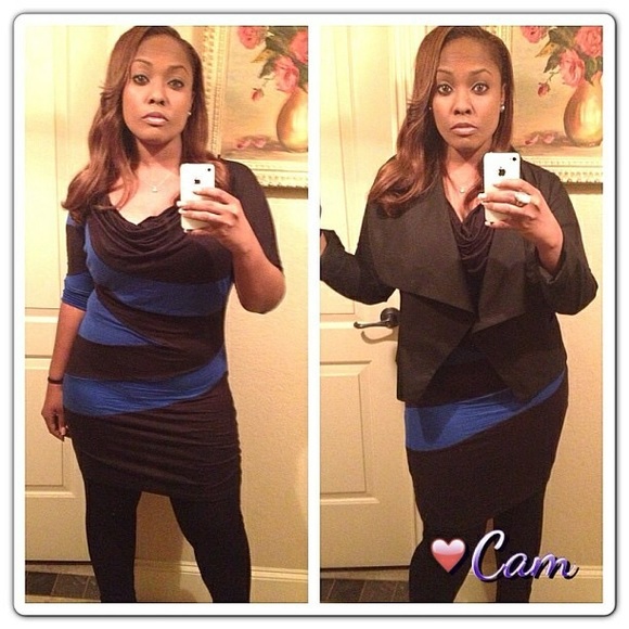 ✅Rhapsody Blue & Black Fitted Dress Cowl Neck Sz M - Picture 2 of 7